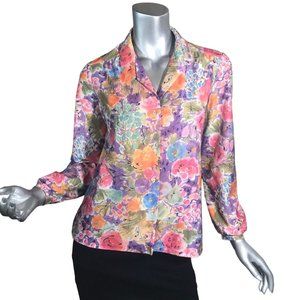 Devon Vintage USA Floral Colorful Button Front Blouse Long Sleeve Top